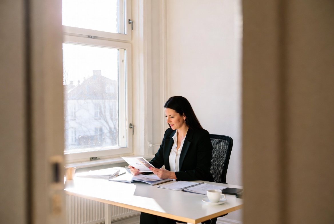 Forretningskvinne leser dokumenter ved skrivebordet